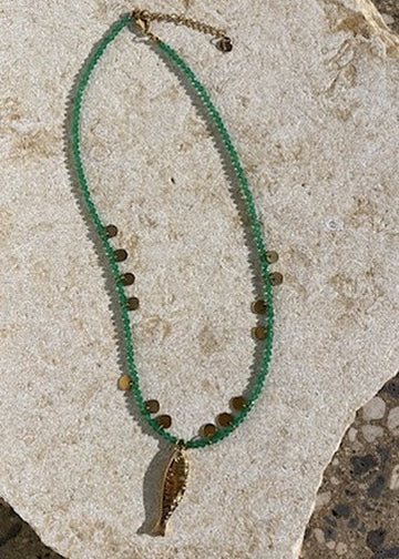 [SAMPLE] Green Beaded Necklace with Fish Sardine Charm