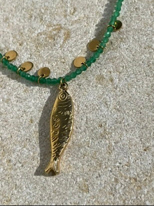 [SAMPLE] Green Beaded Necklace with Fish Sardine Charm