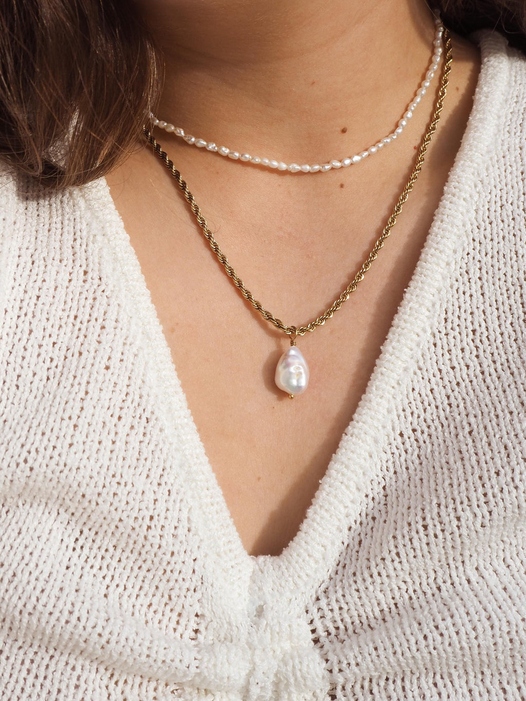 18K Gold Baroque Pearl Necklace: Twist Chain, Waterproof
