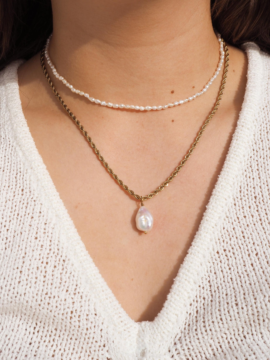 18K Gold Baroque Pearl Necklace: Twist Chain, Waterproof